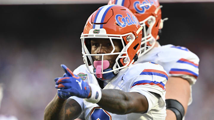 Oct 11, 2025; College Station, Texas, USA; Florida Gators wide receiver Vernell Brown III (8) motions during the first half against the Texas A&M Aggies at Kyle Field. Mandatory Credit: Maria Lysaker-Imagn Images 