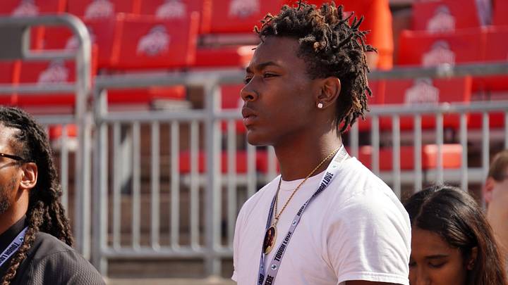 Sept. 21, 2024; Columbus, Ohio, USA; Warren G. Harding athlete Chaz Coleman watches warm-ups before Ohio State's game against the Marshall University Thundering Herd at Ohio Stadium.