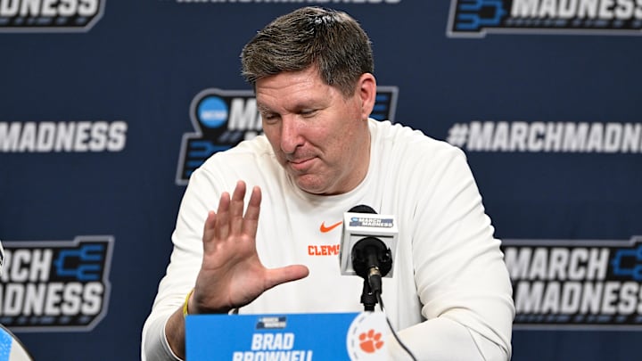 Mar 19, 2025; Providence, RI, USA;    Clemson Tigers head coach Brad Brownell speaks to the media during a press conference at Amica Mutual Pavilion. Mandatory Credit: Eric Canha-Imagn Images