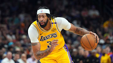 Oct 17, 2024; Phoenix, Arizona, USA; Los Angeles Lakers forward Anthony Davis (3) dribbles against the Phoenix Suns during the second half at Footprint Center. Mandatory Credit: Joe Camporeale-Imagn Images