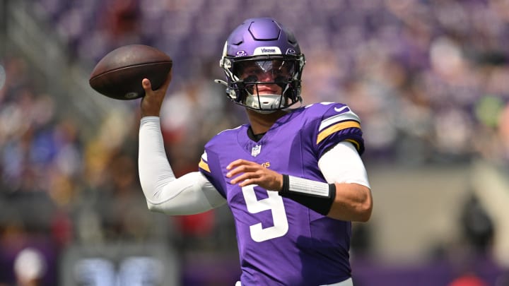 Aug 10, 2024; Minneapolis, Minnesota, USA; Minnesota Vikings quarterback J.J. McCarthy (9) warms up before the game against the Las Vegas Raiders at U.S. Bank Stadium.