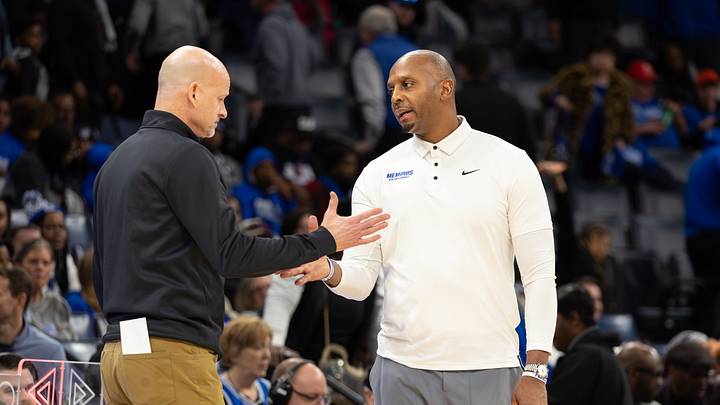 Feb 22, 2026; Memphis, Tennessee, USA; Memphis Tigers Head Coach Penny Hardaway and UAB Blazers head coach Andy Kennedy shake hands after the game at FedExForum. Mandatory Credit: Wesley Hale-Imagn Images