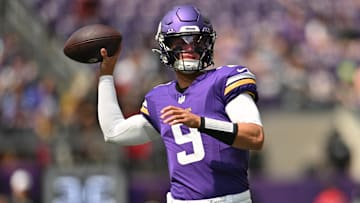 Aug 10, 2024; Minneapolis, Minnesota, USA; Minnesota Vikings quarterback J.J. McCarthy (9) warms up before the game against the Las Vegas Raiders at U.S. Bank Stadium. Mandatory Credit: Jeffrey Becker-Imagn Images