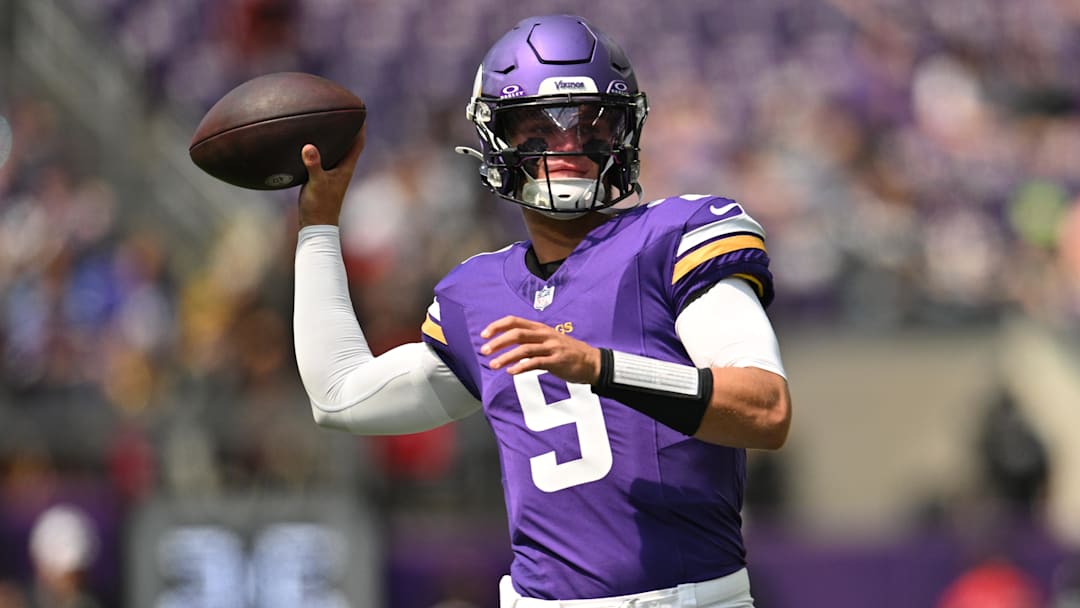 Aug 10, 2024; Minneapolis, Minnesota, USA; Minnesota Vikings quarterback J.J. McCarthy (9) warms up before the game against the Las Vegas Raiders at U.S. Bank Stadium.