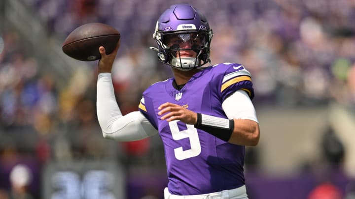 Vikings quarterback J.J. McCarthy warms up before a preseason game against the Las Vegas Raiders at U.S. Bank Stadium.