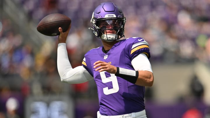 Aug 10, 2024; Minneapolis, Minnesota, USA; Minnesota Vikings quarterback J.J. McCarthy (9) warms up before the game against the Las Vegas Raiders at U.S. Bank Stadium.