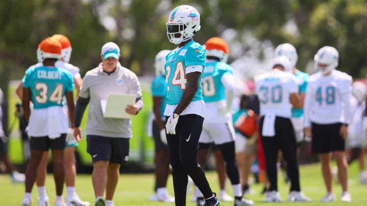 Jun 5, 2024; Miami Gardens, FL, USA; Miami Dolphins cornerback Cam Smith (24) works out during mandatory minicamp at Baptist Health Training Complex. Mandatory Credit: Sam Navarro-USA TODAY Sports