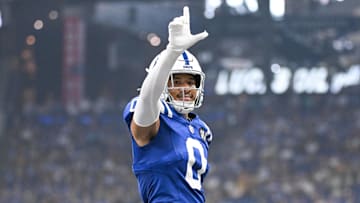 Aug 16, 2025; Indianapolis, Indiana, USA; Indianapolis Colts safety Cam Bynum (0) celebrates after a defensive stop during the first half against the Green Bay Packers at Lucas Oil Stadium. Mandatory Credit: Robert Goddin-Imagn Images