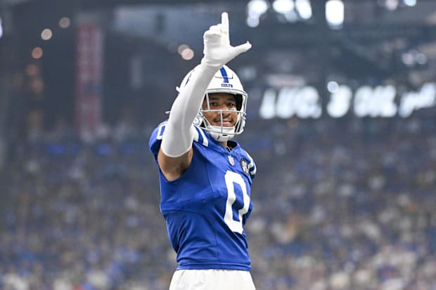Indianapolis Colts safety Cam Bynum (0) celebrates after a defensive stop.