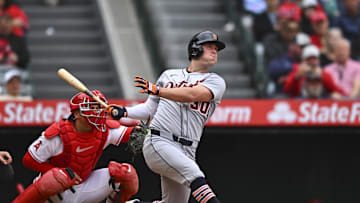 May 4, 2025; Anaheim, California, USA; Detroit Tigers outfielder Kerry Carpenter (30) hits a two RBI double against the Los Angeles Angels during the second inning at Angel Stadium. Mandatory Credit: Jonathan Hui-Imagn Images