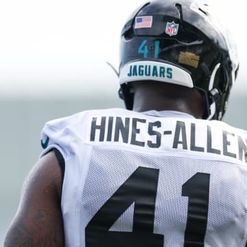 Jul 26, 2024; Jacksonville, FL, USA; Jacksonville Jaguars linebacker Josh Hines-Allen (41) participates in training camp at Miller Electric Center. Mandatory Credit: Nathan Ray Seebeck-USA TODAY Sports