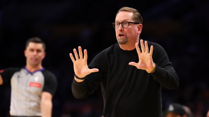 Mar 22, 2024; Los Angeles, California, USA;  Philadelphia 76ers head coach Nick Nurse reacts to a call during the second half against the Los Angeles Lakers at Crypto.com Arena. Mandatory Credit: Kiyoshi Mio-USA TODAY Sports