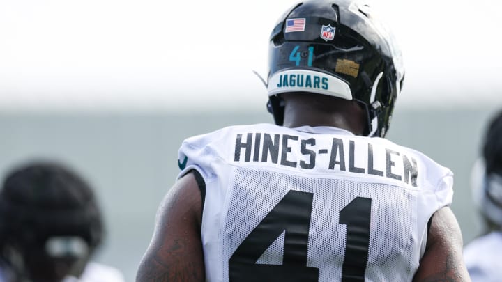 Jul 26, 2024; Jacksonville, FL, USA; Jacksonville Jaguars linebacker Josh Hines-Allen (41) participates in training camp at Miller Electric Center. Mandatory Credit: Nathan Ray Seebeck-USA TODAY Sports