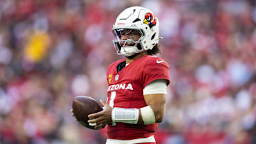 Jan 5, 2025; Glendale, Arizona, USA; Arizona Cardinals quarterback Kyler Murray (1) against the San Francisco 49ers at State Farm Stadium. Mandatory Credit: Mark J. Rebilas-Imagn Images