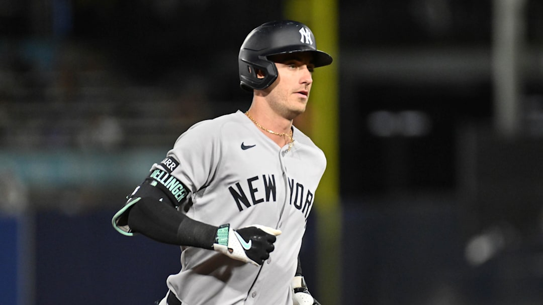 Aug 19, 2025; St. Petersburg, Florida, USA; New York Yankees left fielder Cody Bellinger (35) rounds the bases after hitting a solo home run in the first inning against the Tampa Bay Rays  at George M. Steinbrenner Field. Mandatory Credit: Jonathan Dyer-Imagn Images
