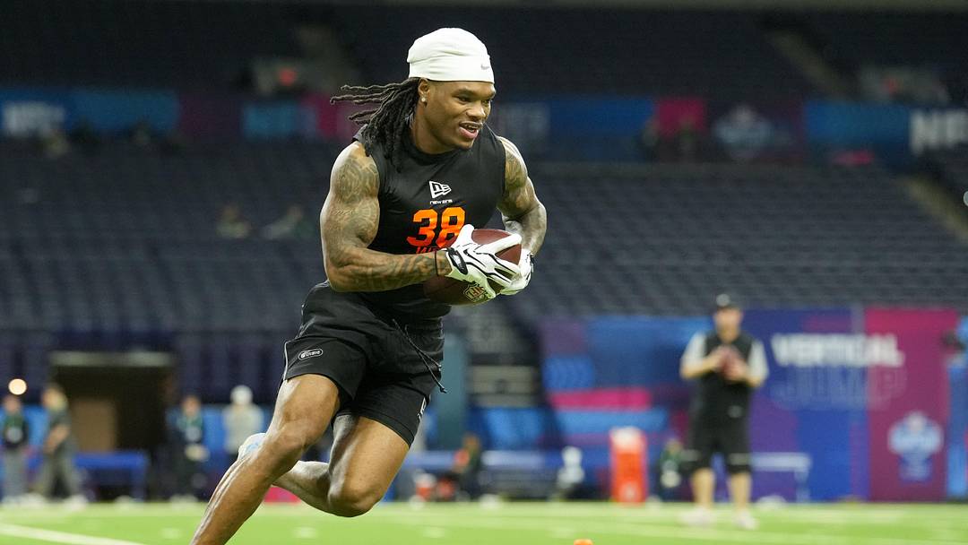 Feb 28, 2026; Indianapolis, IN, USA; LSU wideout Zavion Thomas (WO38) during the NFL Scouting Combine at Lucas Oil Stadium. Mandatory Credit: Kirby Lee-Imagn Images