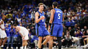 Apr 27, 2024; Orlando, Florida, USA; Orlando Magic forward Franz Wagner (22) and forward Paolo Banchero (5) celebrate after a basket against the Cleveland Cavaliers in the third quarter during game four of the first round for the 2024 NBA playoffs at Kia Center. Mandatory Credit: Nathan Ray Seebeck-Imagn Images