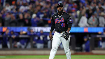 Oct 16, 2024; New York City, New York, USA; New York Mets pitcher Luis Severino (40) reacts after an out against the Los Angeles Dodgers  in the first inning during game three of the NLCS for the 2024 MLB playoffs at Citi Field.