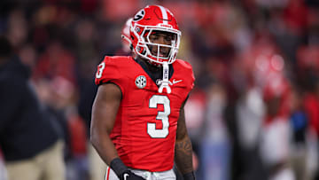 Nov 29, 2024; Athens, Georgia, USA; Georgia Bulldogs running back Nate Frazier (3) prepares for a game against the Georgia Tech Yellow Jackets at Sanford Stadium. Mandatory Credit: Brett Davis-Imagn Images
