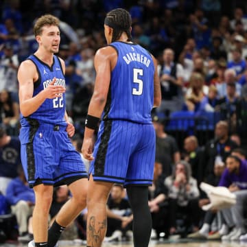 Apr 27, 2024: Orlando Magic forward Franz Wagner (22) and forward Paolo Banchero (5) celebrate after a basket against the Cleveland Cavaliers in the third quarter during game four of the first round for the 2024 NBA playoffs at Kia Center. 