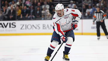 Nov 18, 2024; Salt Lake City, Utah, USA; Washington Capitals left wing Alex Ovechkin (8) skates with the puck against against the Utah Hockey Club during the first period at Delta Center. Mandatory Credit: Rob Gray-Imagn Images