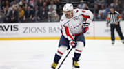 Nov 18, 2024; Salt Lake City, Utah, USA; Washington Capitals left wing Alex Ovechkin (8) skates with the puck against against the Utah Hockey Club during the first period at Delta Center. Mandatory Credit: Rob Gray-Imagn Images