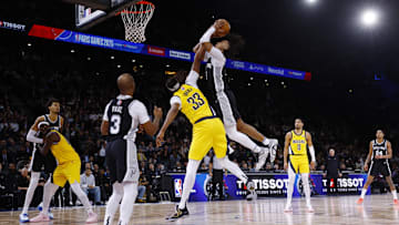 [US, Mexico, & Canada customers only] Jan 23, 2025; Paris, FRANCE; San Antonio Spurs player Stephon Castle shoots against Indiana Pacers player Myles Turner  in the Paris Games 2025 NBA basketball game at Accor Arena. Mandatory Credit: Stephanie Lecocq/Reuters via Imagn Images