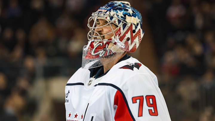 Apr 5, 2026; New York, New York, USA; Washington Capitals goalie Charlie Lindgren (79) during the third period against the New York Rangers at Madison Square Garden.