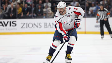Nov 18, 2024; Salt Lake City, Utah, USA; Washington Capitals left wing Alex Ovechkin (8) skates with the puck against against the Utah Hockey Club during the first period at Delta Center. Mandatory Credit: Rob Gray-Imagn Images