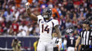 Dec 3, 2023; Houston, Texas, USA; Denver Broncos wide receiver Courtland Sutton (14) reacts after scoring a touchdown during the third quarter against the Houston Texans at NRG Stadium. Mandatory Credit: Troy Taormina-USA TODAY Sports