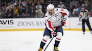 Nov 18, 2024; Salt Lake City, Utah, USA; Washington Capitals left wing Alex Ovechkin (8) skates with the puck against against the Utah Hockey Club during the first period at Delta Center. Mandatory Credit: Rob Gray-Imagn Images