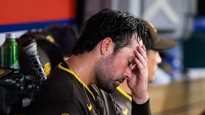 Apr 17, 2026; Anaheim, California, USA; San Diego Padres pitcher Matt Waldron (61) looks on after a pitching change during the fourth inning against the Los Angeles Angels at Angel Stadium. Mandatory Credit: William Liang-Imagn Images