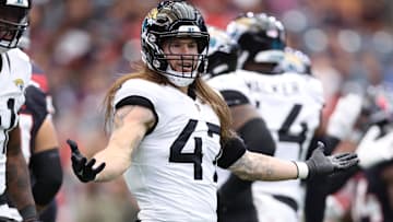 Nov 9, 2025; Houston, Texas, USA;  Jacksonville Jaguars linebacker Dennis Gardeck (47) reacts after a defensive play against the Houston Texans during the first half at NRG Stadium.