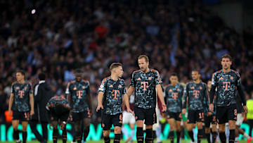 Dejected looking Bayern Munich players after the defeat at Aston Villa 