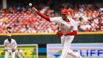 Sep 22, 2024; Cincinnati, Ohio, USA; Cincinnati Reds starting pitcher Hunter Greene (21) pitches against the Pittsburgh Pirates in the second inning at Great American Ball Park.