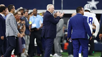 Sep 14, 2025; Arlington, Texas, USA; Dallas Cowboys owner Jerry Jones claps during warmups before the game against the New York Giants at AT&T Stadium. Mandatory Credit: Kevin Jairaj-Imagn Images