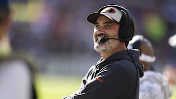Nov 3, 2024; Cleveland, Ohio, USA; Cleveland Browns head coach Kevin Stefanski smiles between plays while watching the video scoreboard during the first quarter against the Los Angeles Chargers at Huntington Bank Field. Mandatory Credit: Scott Galvin-Imagn Images