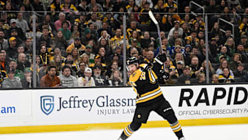 Mar 15, 2025; Boston, Massachusetts, USA; Boston Bruins center Elias Lindholm (28) shoots against the Tampa Bay Lightning during the first period at TD Garden. Mandatory Credit: Eric Canha-Imagn Images
