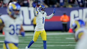 Dec 31, 2023; East Rutherford, New Jersey, USA; Los Angeles Rams cornerback Derion Kendrick (1) reacts after a missed field goal by the New York Giants during the fourth quarter at MetLife Stadium. Mandatory Credit: Brad Penner-Imagn Images