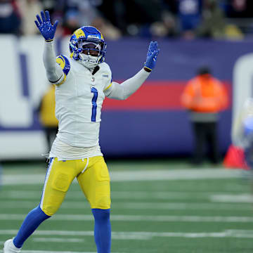 Dec 31, 2023; East Rutherford, New Jersey, USA; Los Angeles Rams cornerback Derion Kendrick (1) reacts after a missed field goal by the New York Giants during the fourth quarter at MetLife Stadium. Mandatory Credit: Brad Penner-Imagn Images