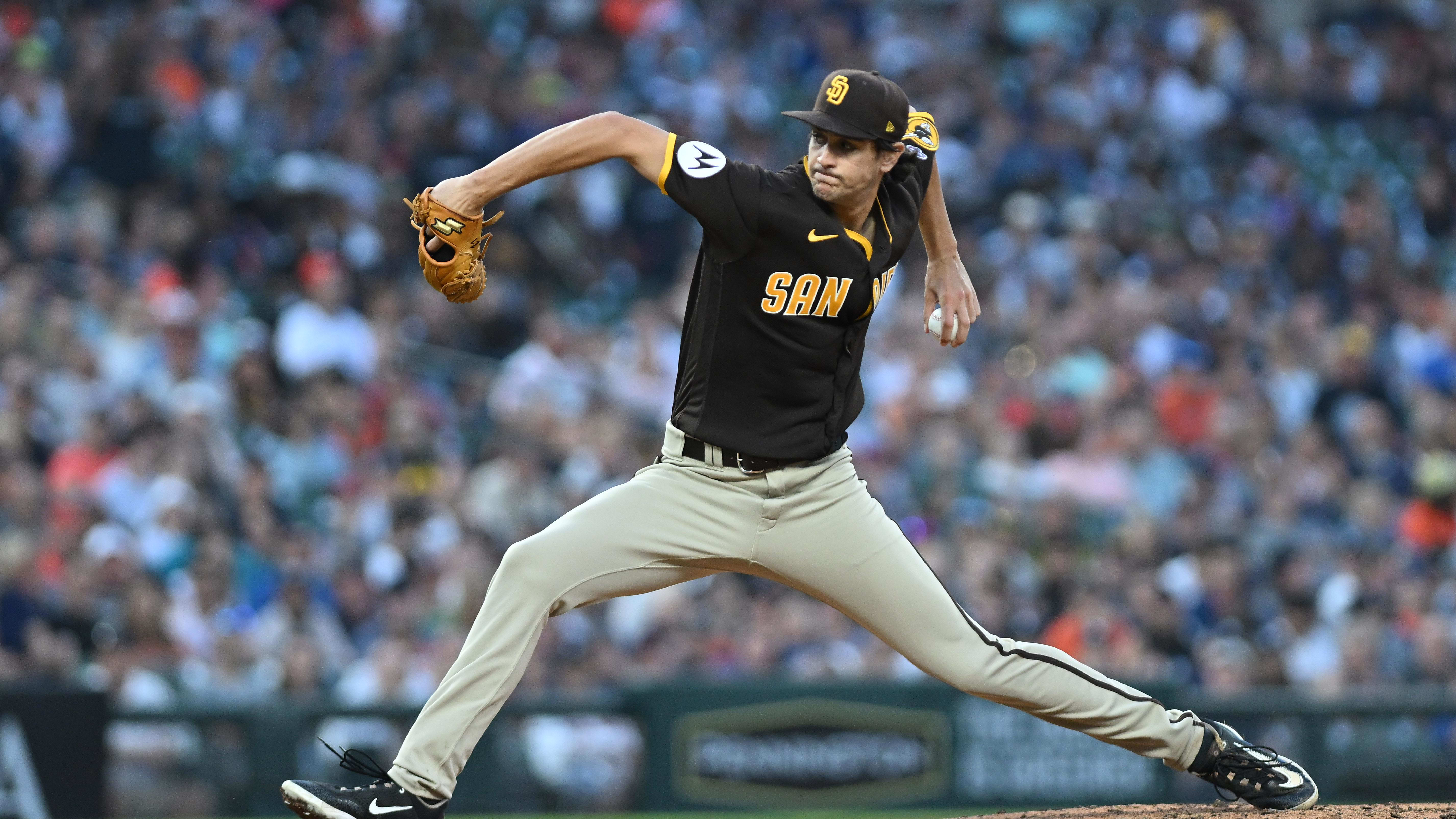 Jul 22, 2023; Detroit, Michigan, USA; San Diego Padres starting pitcher Jackson Wolf (43) throws a pitch from the mound.