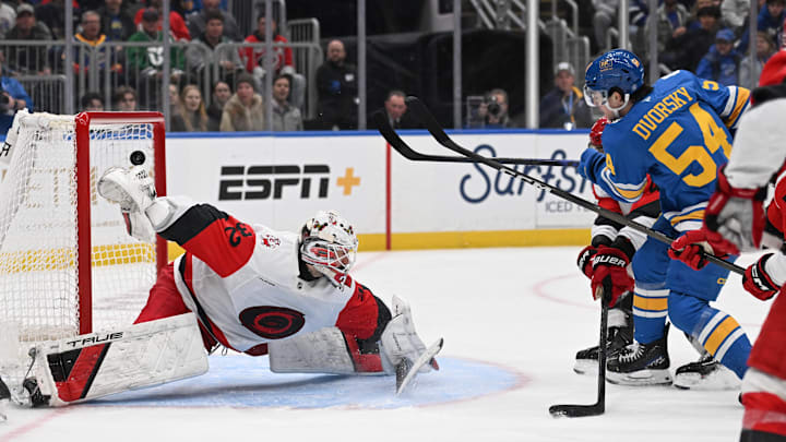 Jan 13, 2026; St. Louis, Missouri, USA; St. Louis Blues right wing Dalibor Dvorsky (54) scores a goal past Carolina Hurricanes goaltender Brandon Bussi (32) in the second period at Enterprise Center. Mandatory Credit: Joe Puetz-Imagn Images