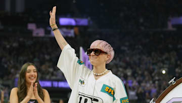 Former US Soccer player Megan Rapinoe is introduced to the crowd before the game against the Seattle Storm at Chase Center. 