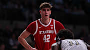 Feb 12, 2025; Atlanta, Georgia, USA; Stanford Cardinal forward Maxime Raynaud (42) in action against the Georgia Tech Yellow Jackets in the first half at McCamish Pavilion. Mandatory Credit: Brett Davis-Imagn Images