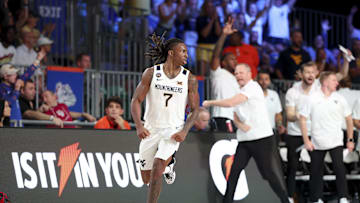 Nov 27, 2024; Paradise Island, Bahamas, BHS; West Virginia Mountaineers guard Javon Small (7) reacts after scoring during the second half against the Gonzaga Bulldogs at the Atlantis Resort.  Mandatory Credit: Kevin Jairaj-Imagn Images