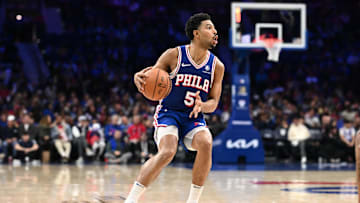 Apr 13, 2025; Philadelphia, Pennsylvania, USA; Philadelphia 76ers guard Quentin Grimes (5) controls the ball against the Chicago Bulls in the second quarter at Wells Fargo Center. Mandatory Credit: Kyle Ross-Imagn Images