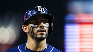 Jul 26, 2025; Cincinnati, Ohio, USA; Tampa Bay Rays second baseman Jose Caballero (77) walks off the field in the ninth inning against the Cincinnati Reds at Great American Ball Park. Mandatory Credit: Katie Stratman-Imagn Images