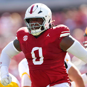 Oct 4, 2025; Norman, Oklahoma, USA;  Oklahoma Sooners defensive lineman David Stone (0) reacts during the first half against the Kent State Golden Flashes at Gaylord Family-Oklahoma Memorial Stadium. Mandatory Credit: Kevin Jairaj-Imagn Images