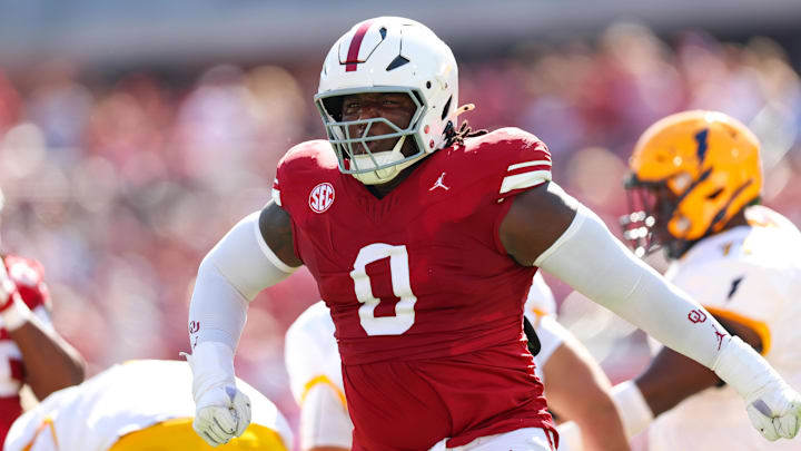 Oct 4, 2025; Norman, Oklahoma, USA;  Oklahoma Sooners defensive lineman David Stone (0) reacts during the first half against the Kent State Golden Flashes at Gaylord Family-Oklahoma Memorial Stadium. Mandatory Credit: Kevin Jairaj-Imagn Images