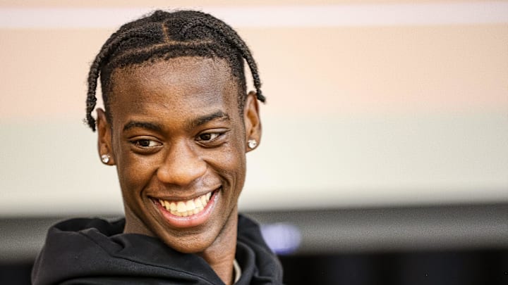 AJ Dybantsa speaks at an event. AJ Dybantsa speaks at an event.